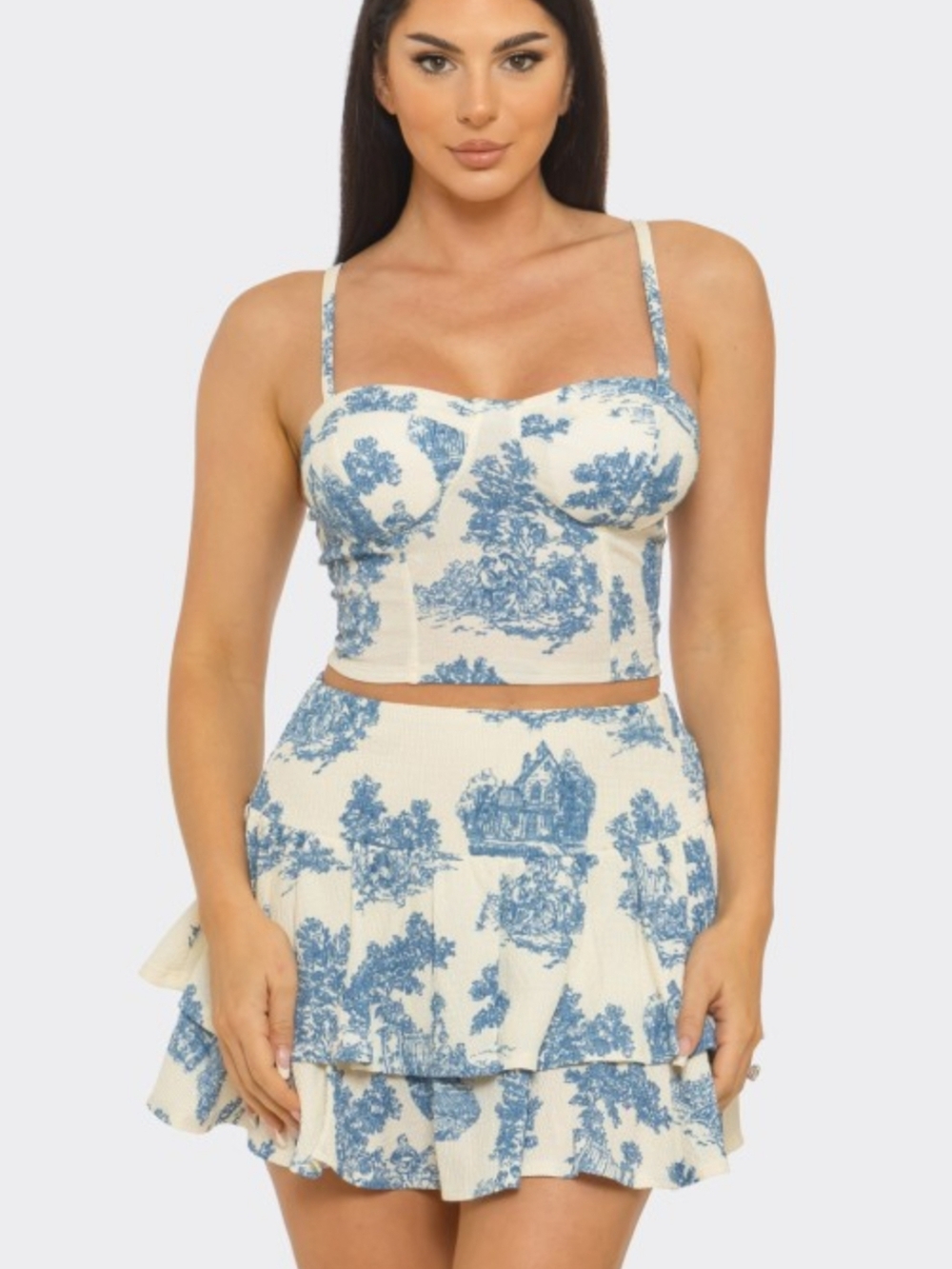Blue Toile Print Corset Style Top & Tiered Skirt Set - Picture 2 of 5